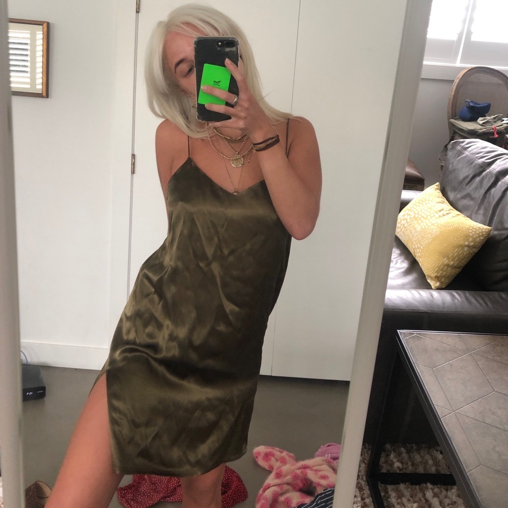 GANNI silk olive green dress
